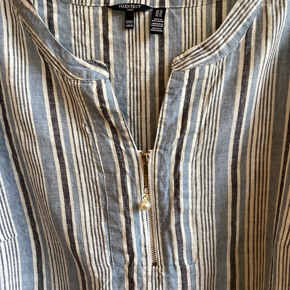 Ellen Tracy Blue Striped 100% Linen Tunic Pearl Zip size 1X - Picture 2 of 4